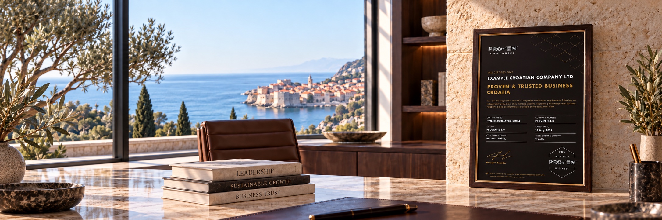 Framed portrait Proven Croatia certificate displayed in an executive office