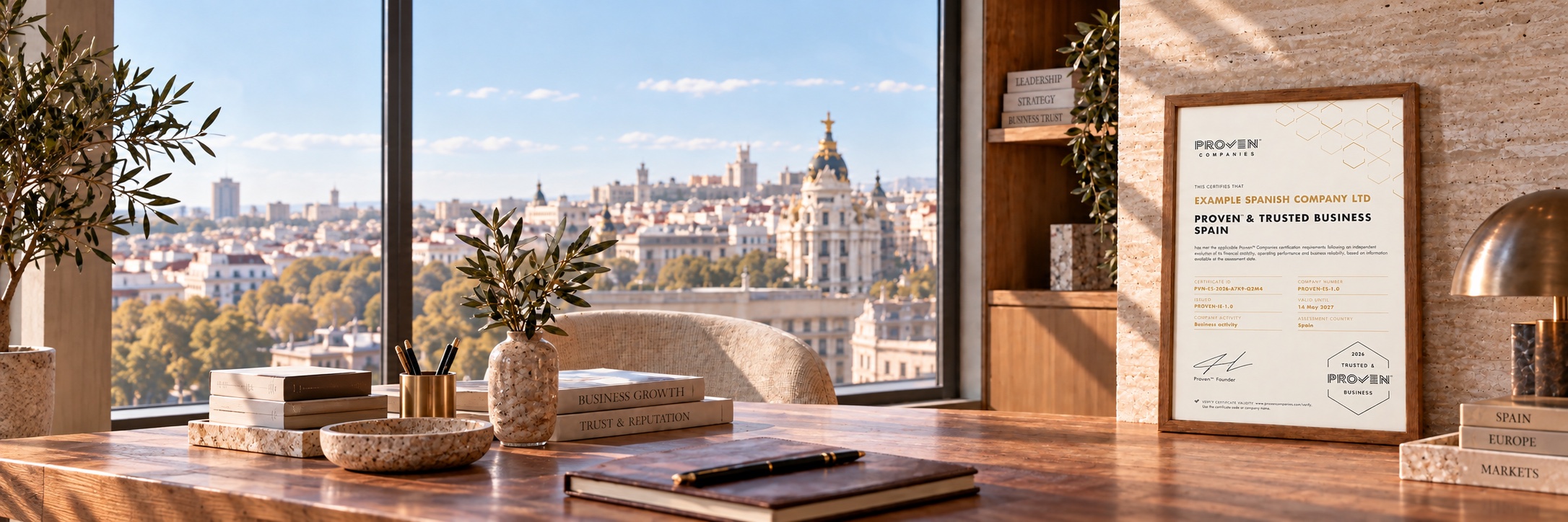 Framed portrait Proven Spain certificate displayed in an executive office